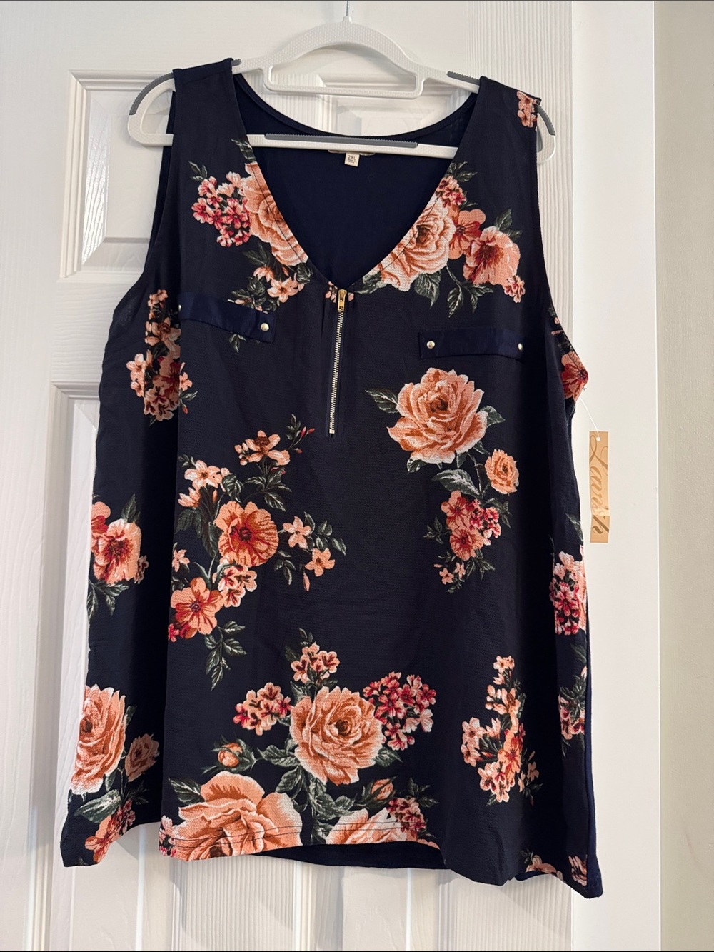 Lavish Black Tank with Peach Floral Print and Front Zip Accent
